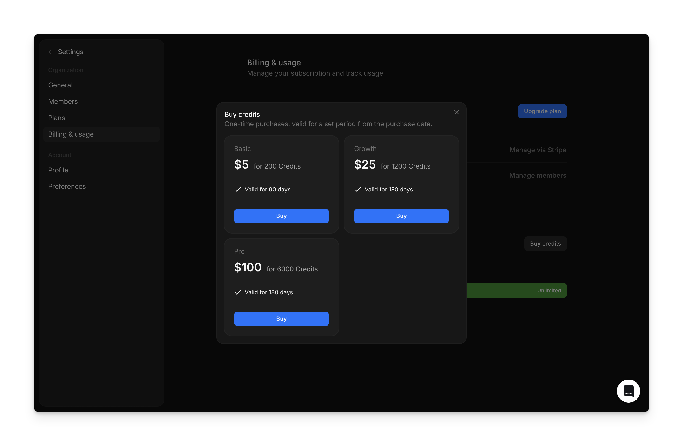 Credits purchase interface