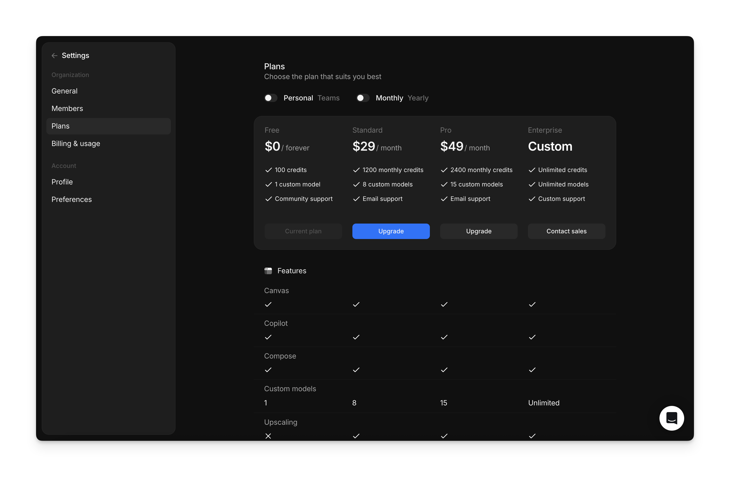 Plans comparison page